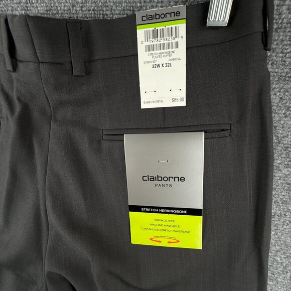 NWT Claiborne Pleated Pants Charcoal Gray 32x32 Stretch Waistband Herringbone - Picture 9 of 13